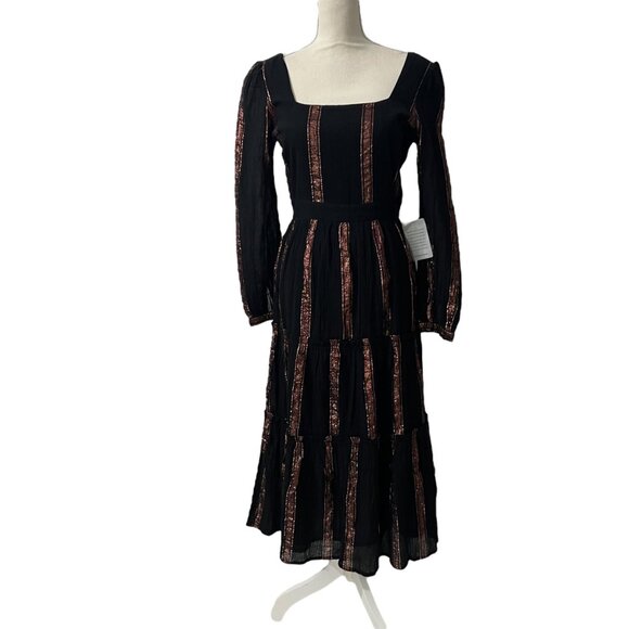 Adelyn Rae Dark Romantic Festival Chic Striped Long Sleeve Tiered Midi Dress S - Picture 7 of 12